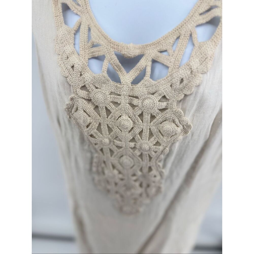 Alessia Pacini 100% Linen Beige Sleeveless Shift Dress Crochet Inlay Size Medium - Picture 9 of 9